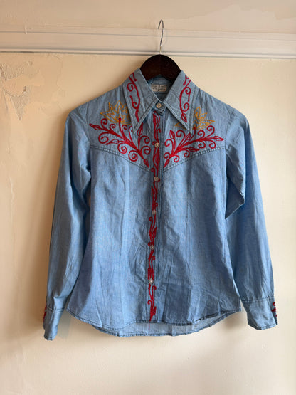 Vintage 1970s Embroidered Indian Cotton Western Shirt - Size X Small