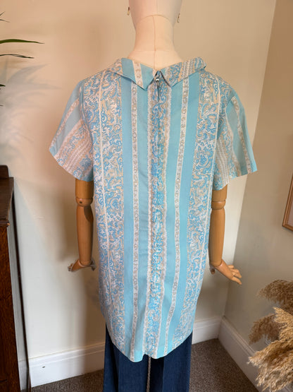 Vintage 1960s Handmade Blue Paisley Stripe Mini Dress - Size Medium