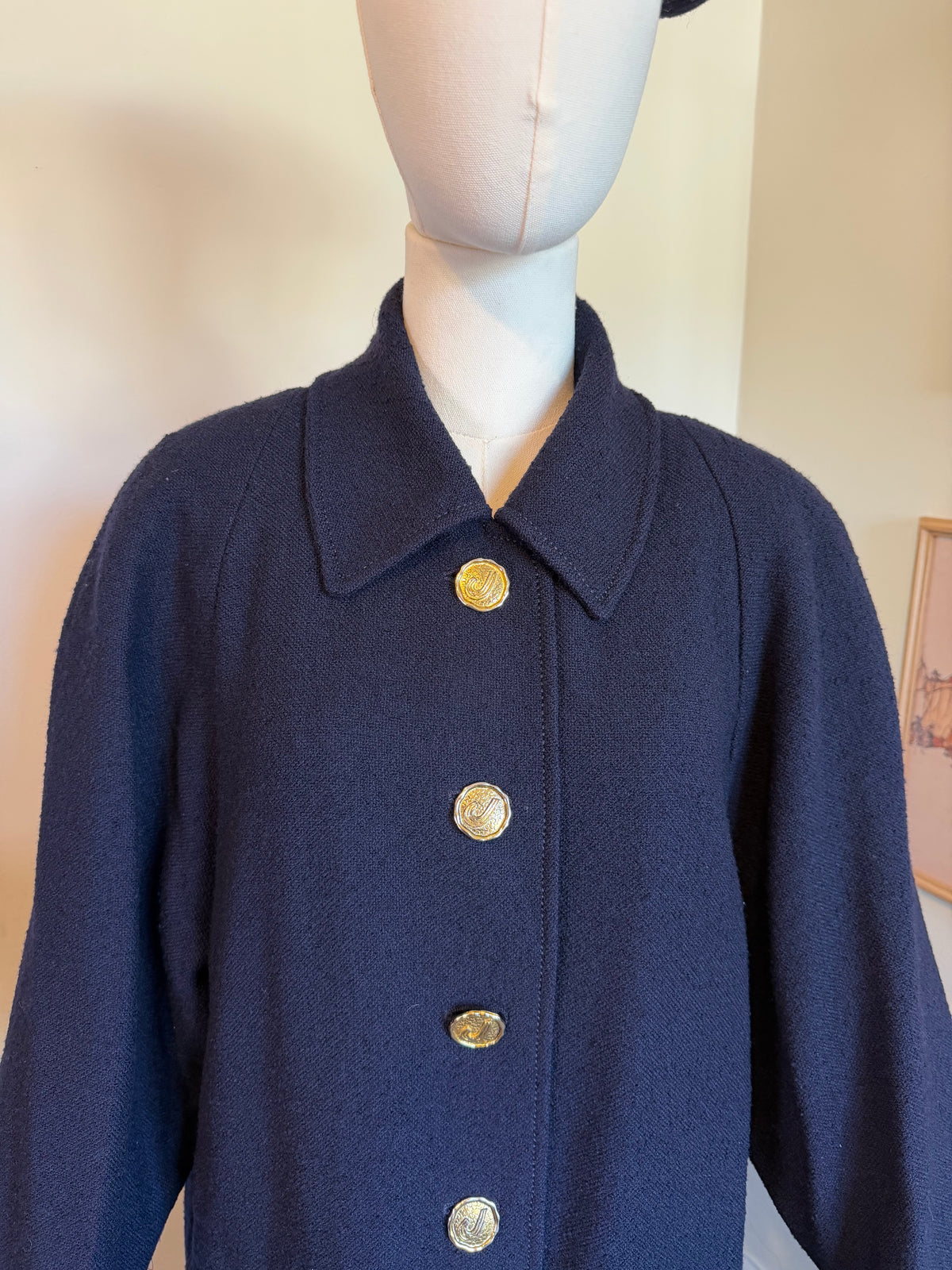 Vintage 1980s Jaeger Navy Blue Pure Wool Gold Button Coat - Size Large
