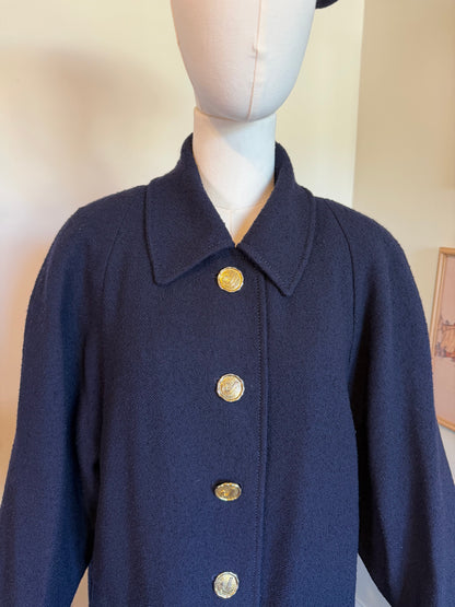 Vintage 1980s Jaeger Navy Blue Pure Wool Gold Button Coat - Size Large