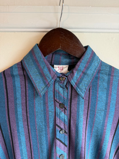 Vintage 1970s Blue and Purple Striped Long Sleeve Blouse - Size Small