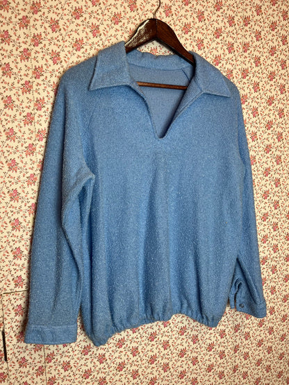 Vintage 1960s Baby Blue Boucle Knit Collared Jumper