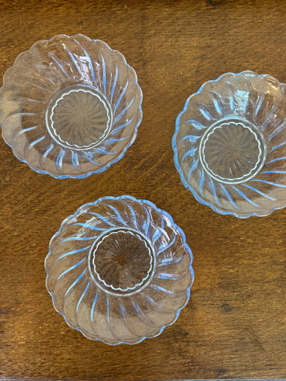Vintage Set of Three Blue Glass Swirl Pattern Dessert Bowls