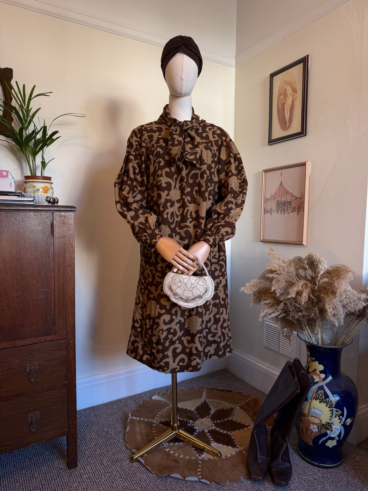 Vintage 1970s Givenchy Wool Baroque Pattern Dress - Size Medium