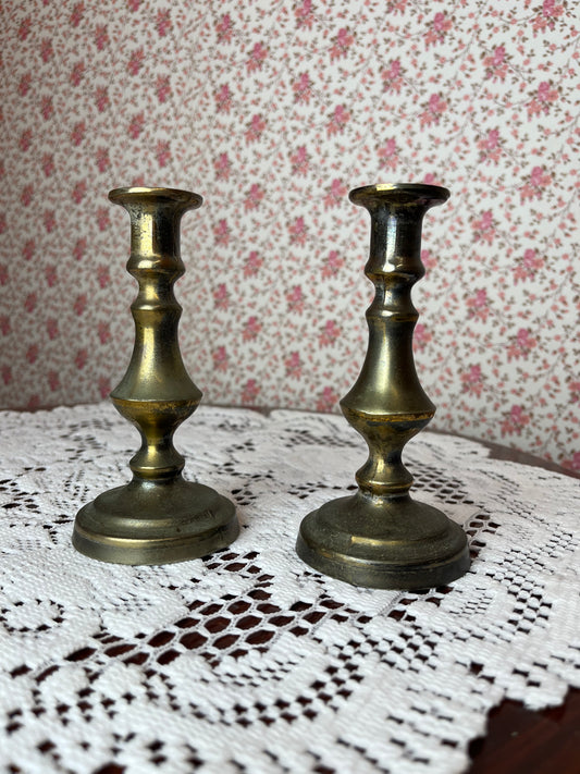 Vintage Tarnished Brass Candlestick Holders Pair