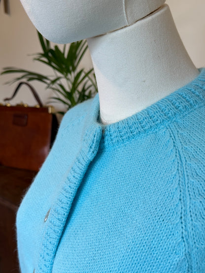 Vintage 1960s Turquoise Blue Fine Knit Button Front Cardigan - Size Medium