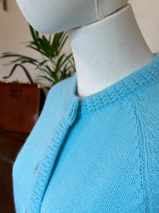 Vintage 1960s Turquoise Blue Fine Knit Button Front Cardigan - Size Medium