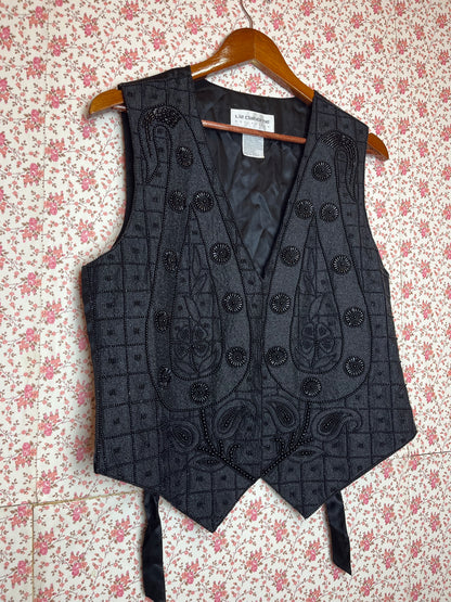 Vintage 90s Heavily Beaded Black Silk Waistcoat