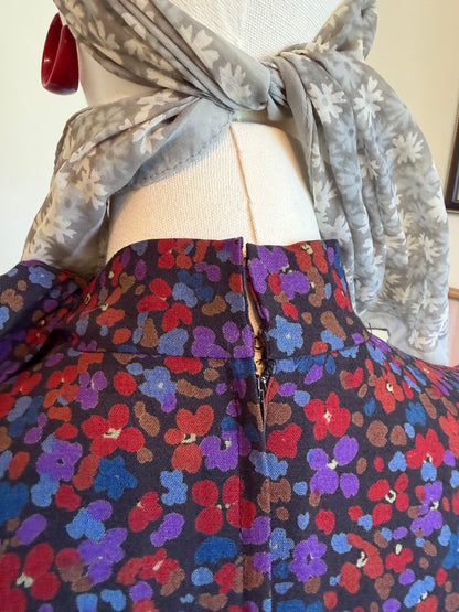 Vintage 1970s Wool Blend Ditsy Print Midi Dress - Size Small/Medium