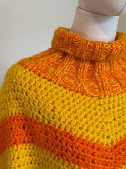 Vintage 1970s Multicolour Crochet Striped Fringed Poncho