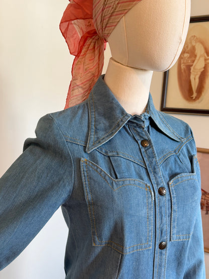 Vintage 1970s Blue Denim Western Collared Shirt Dress - Size Small