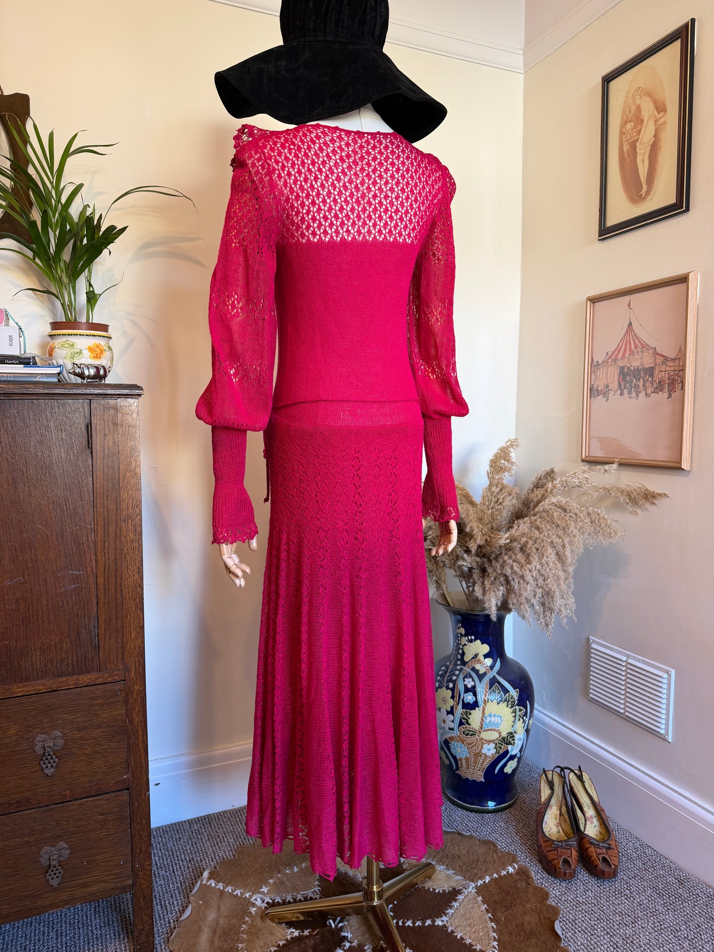 Vintage 1970s Crochet Lace Raspberry Maxi Dress - Size Small