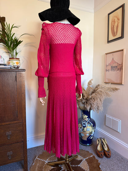 Vintage 1970s Crochet Lace Raspberry Maxi Dress - Size Small