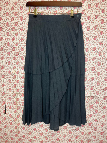 Vintage 1970s Grey Layered Pleated Wrap Midi Skirt