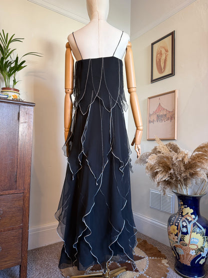 Vintage 1970s Vera Mont Black & Silver Handkerchief Dress - Size Small