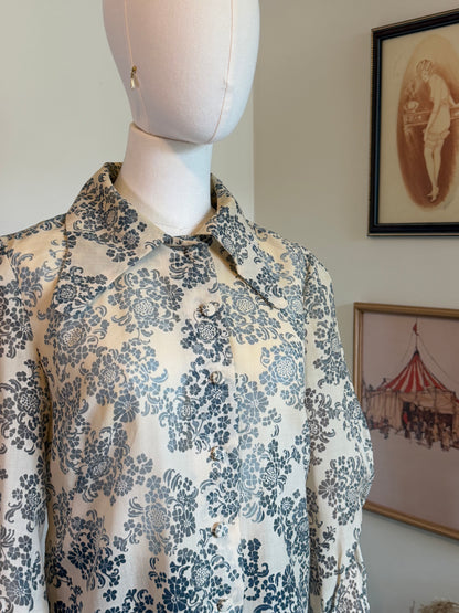 Vintage 1970s Handmade Cream & Blue Floral Blouse - Size Small/Medium
