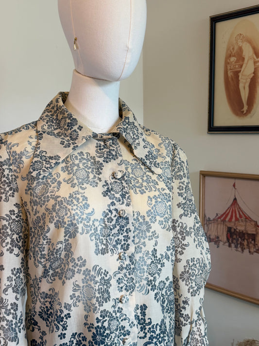 Vintage 1970s Handmade Cream & Blue Floral Blouse - Size Small/Medium