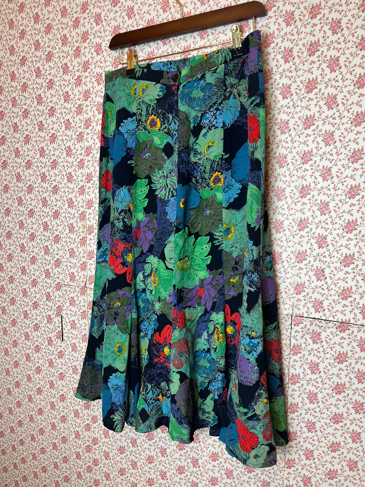 Vintage 1980s Multi Colour Abstract Floral Printed Midi Skirt