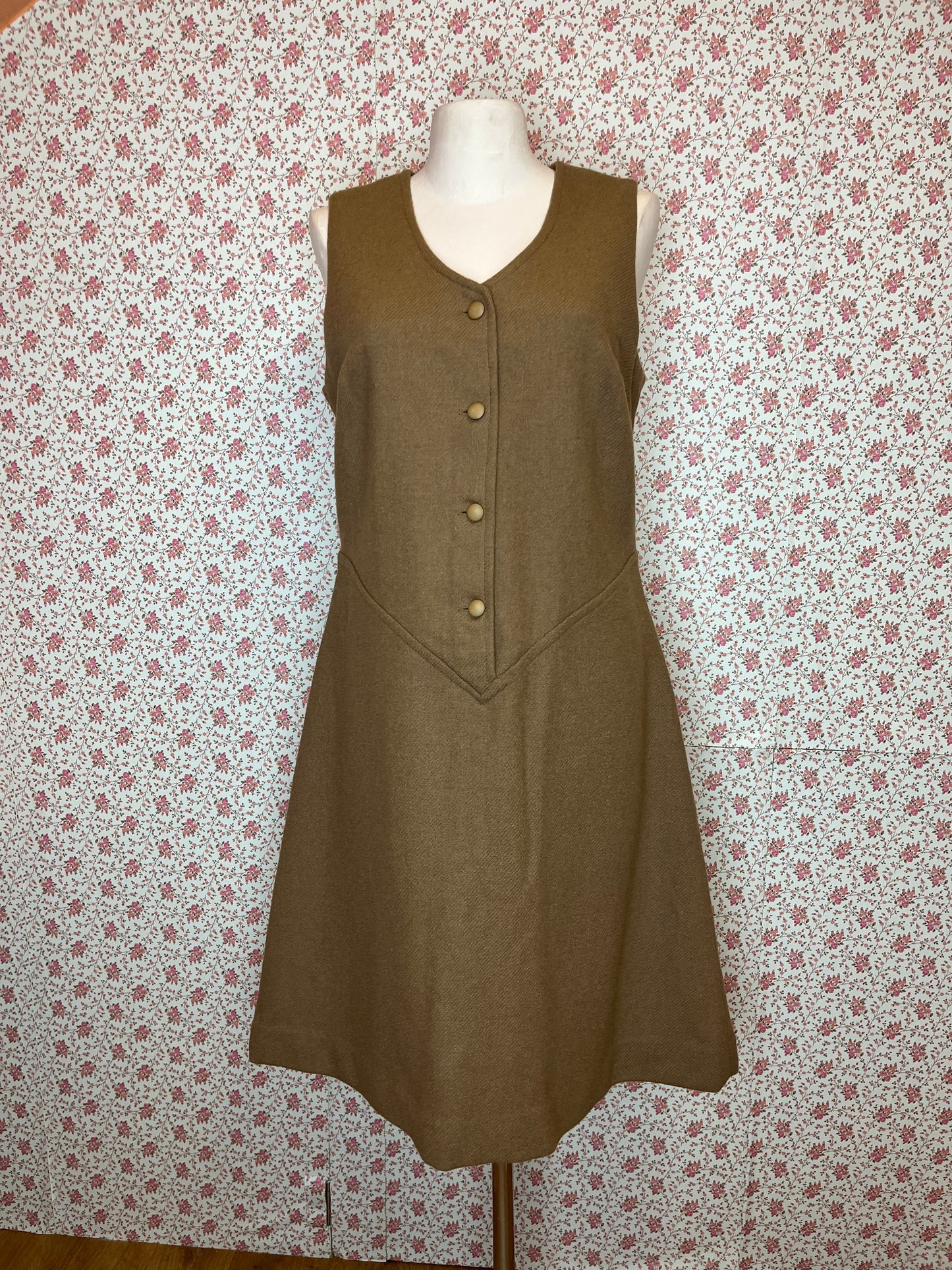 Vintage Tan Brown Wool Tweed Button Down Tunic Dress