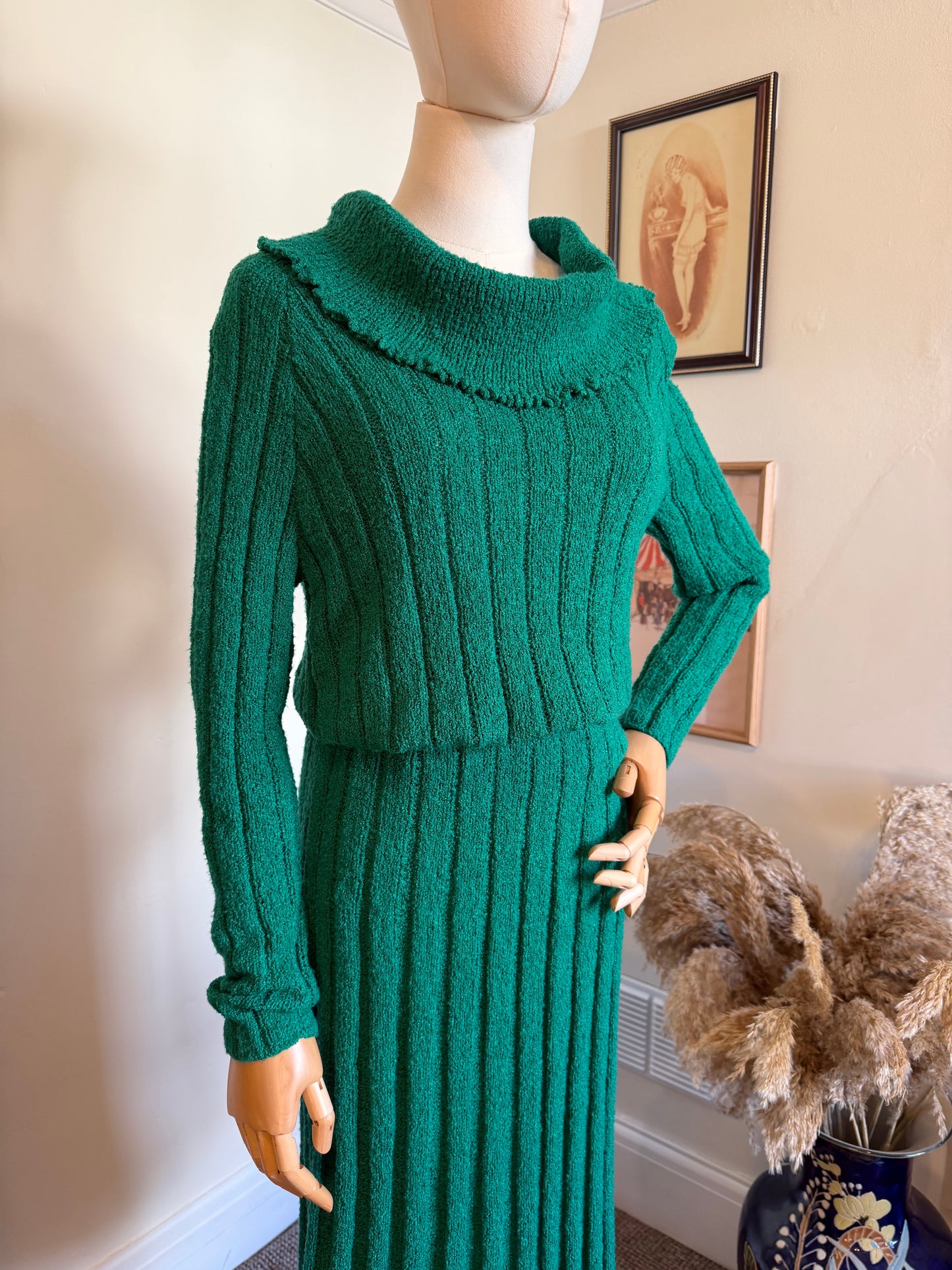 Vintage 1970s Emerald Green Knit Two Piece Set - Size Small/Medium