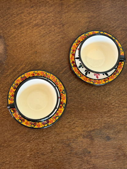 Vintage St Jean Hand-Decorated French Tea Cups & Saucers (Set of 2)