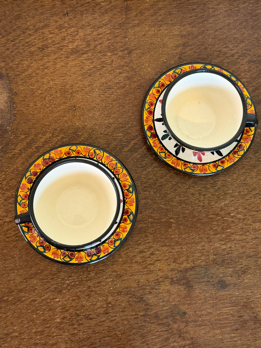 Vintage St Jean Hand-Decorated French Tea Cups & Saucers (Set of 2)