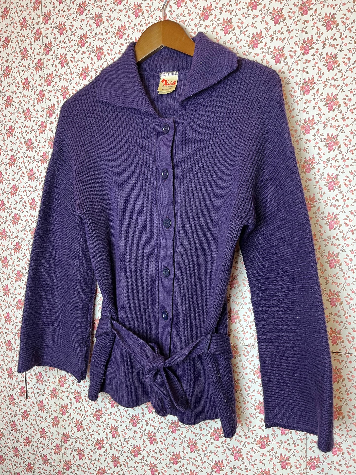 Vintage 1970s Wahls Knitted Ribbed Purple Cardigan with Tie