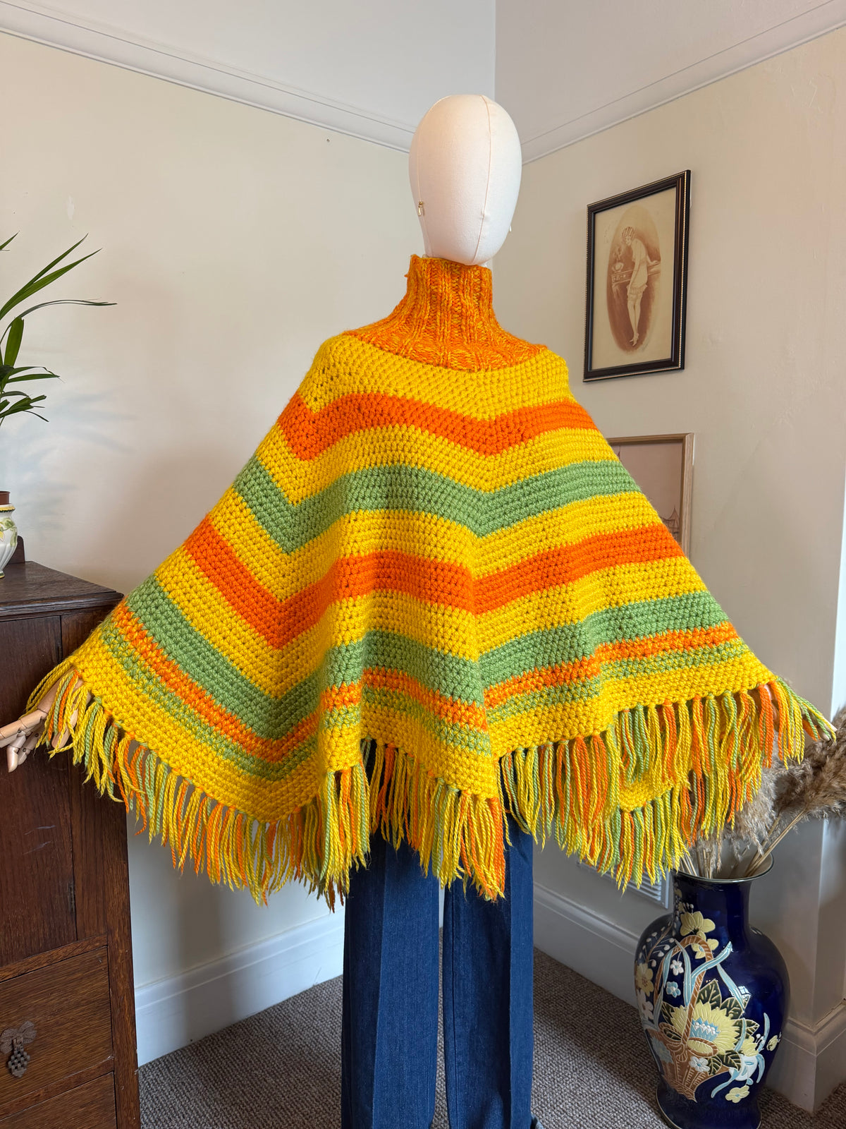 Vintage 1970s Multicolour Crochet Striped Fringed Poncho