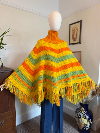 Vintage 1970s Multicolour Crochet Striped Fringed Poncho