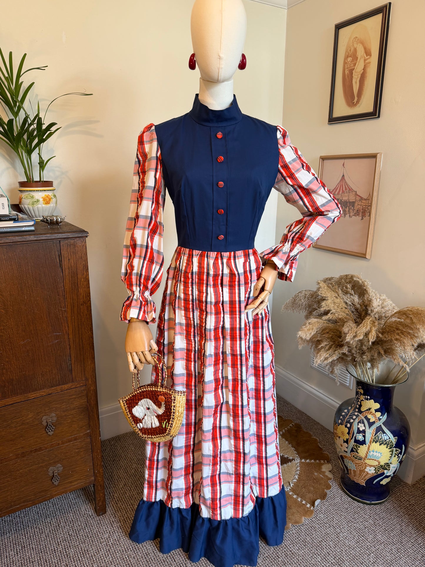 Vintage 1970s Hand Made Checked Long Sleeve Maxi Prairie Dress - Size Medium