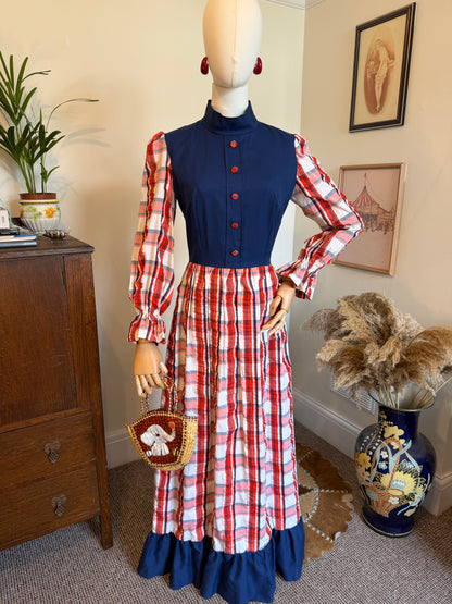 Vintage 1970s Hand Made Checked Long Sleeve Maxi Prairie Dress - Size Medium