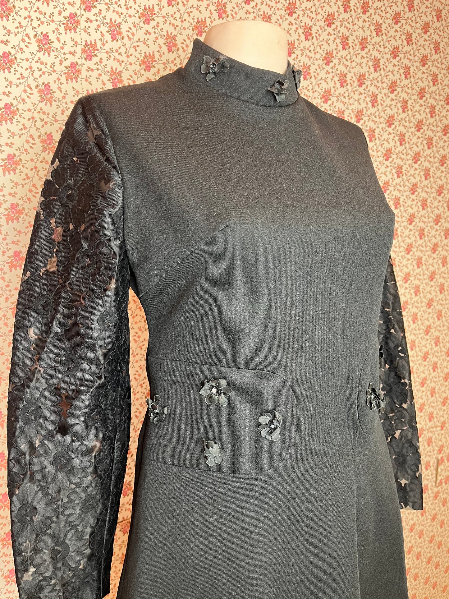 Vintage 1960s Diolen High Neck Lace Sleeve Black Mini Dress