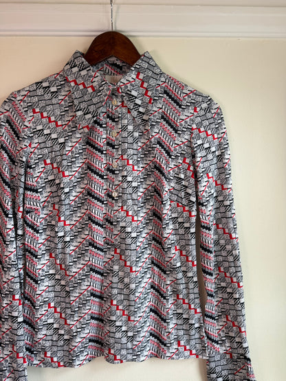 Vintage 1970s Red Black and White Geometric Print Long Sleeve Blouse - Size Small/Medium