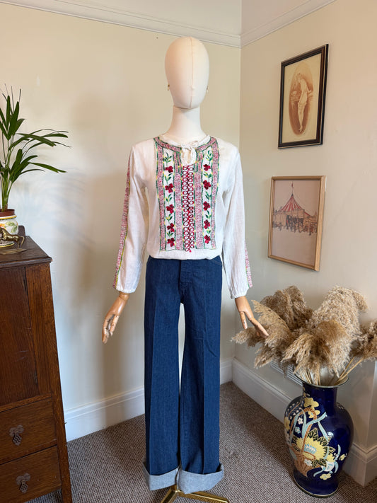Vintage 1970s Embroidered Blouse - Size Small
