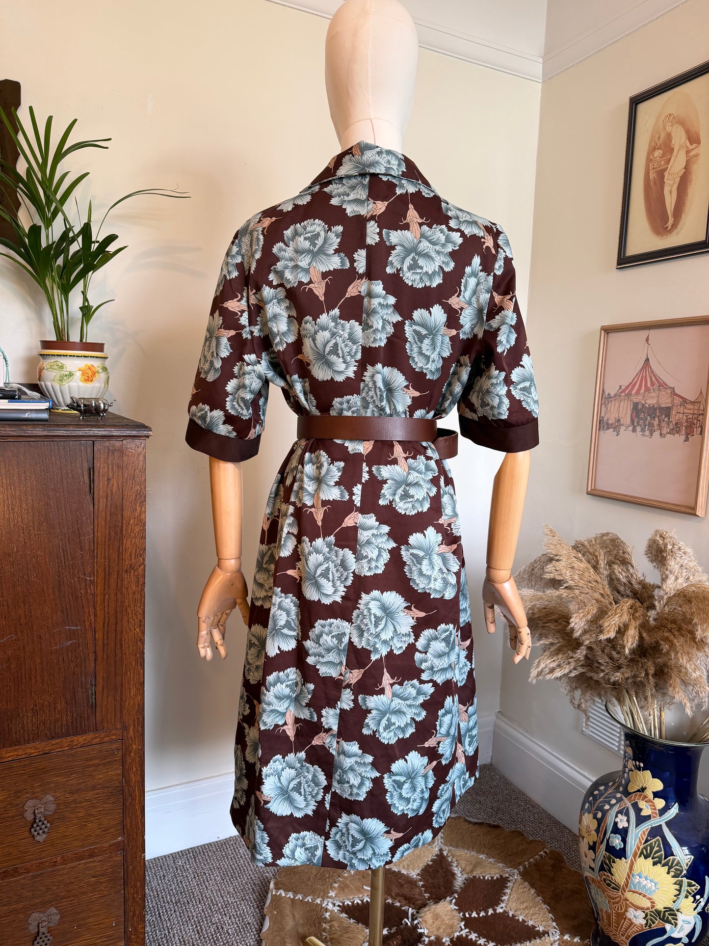 Vintage 1970s Brown & Blue Floral Tea Dress - Size Large