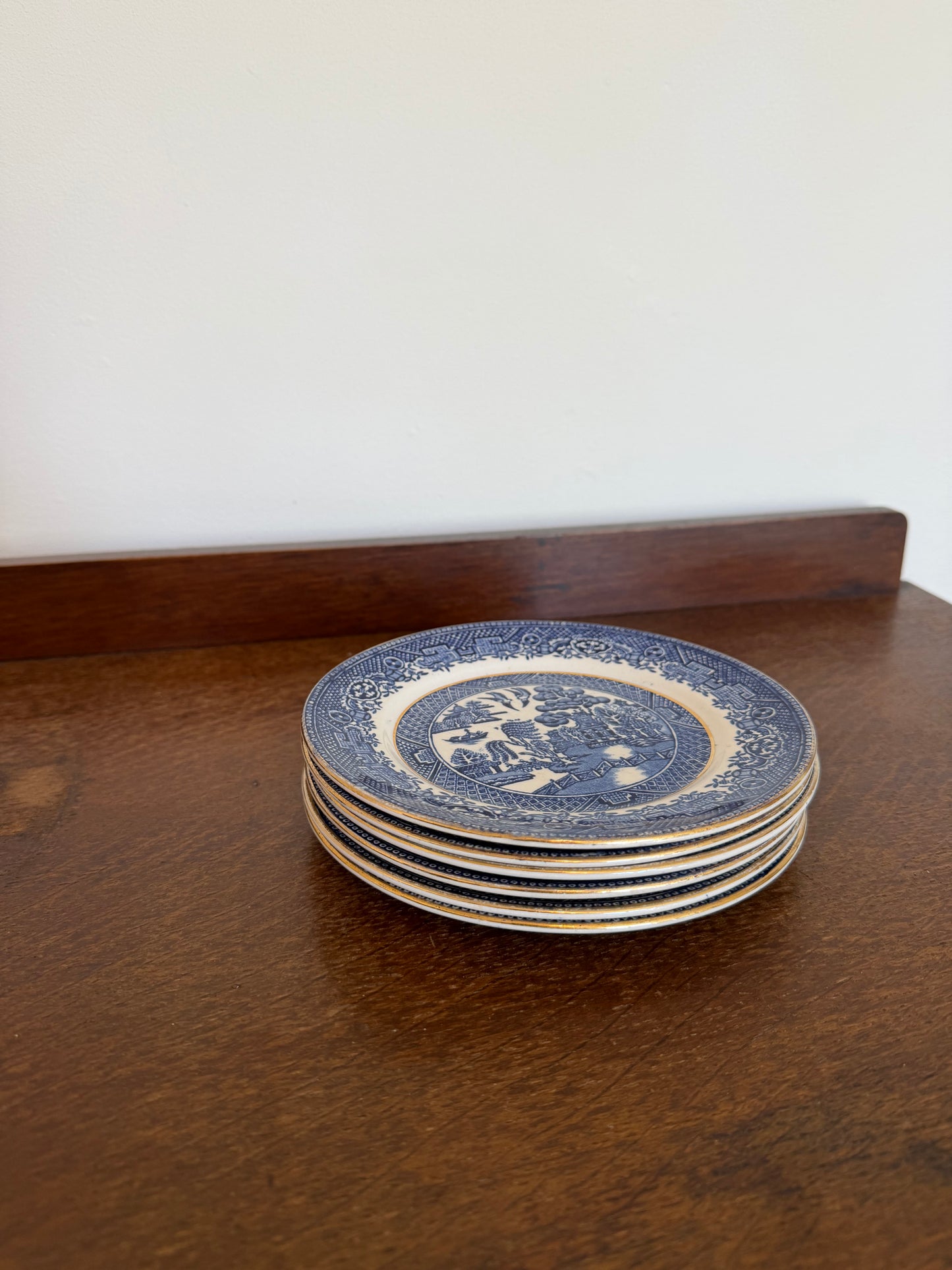 Vintage Staffordshire Blue & White Transferware Plate Set (6 Plates)