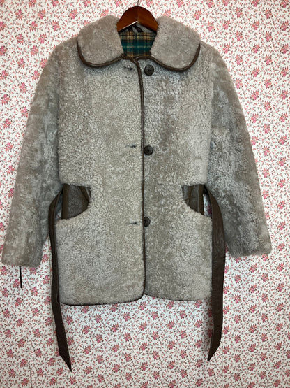 Vintage 1970s Shearling Teddy Bear Coat with Leather