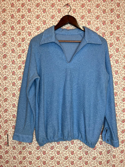 Vintage 1960s Baby Blue Boucle Knit Collared Jumper