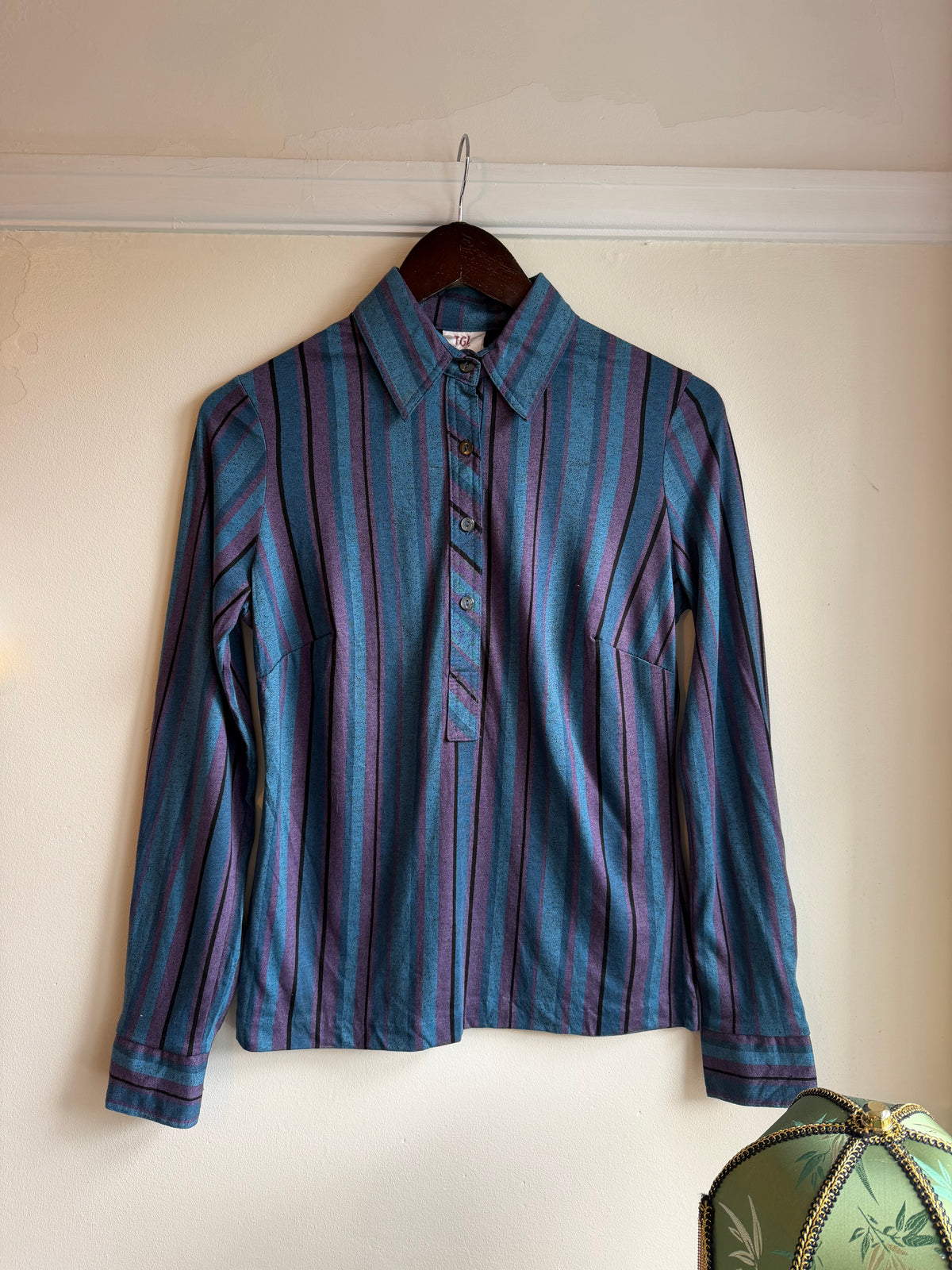 Vintage 1970s Blue and Purple Striped Long Sleeve Blouse - Size Small
