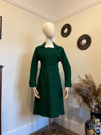 Vintage 1950s Green & Black Checked Wool Coat