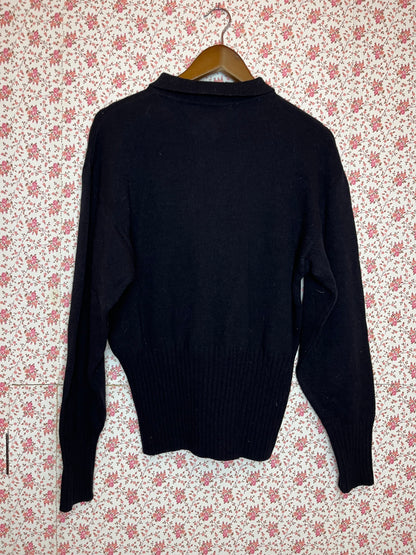 Vintage 1980s Bow Motif Collared Black Jumper