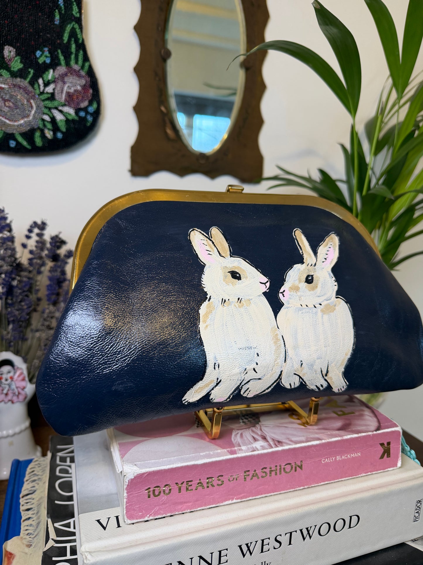 Vintage 1950s Hand Painted Navy Leather Clutch Bag