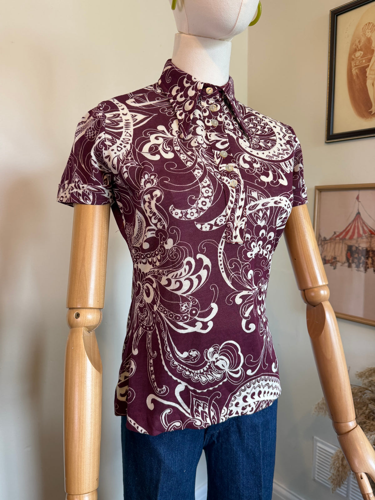 Vintage 1970s Burgundy Paisley Short Sleeve Blouse - Size Small