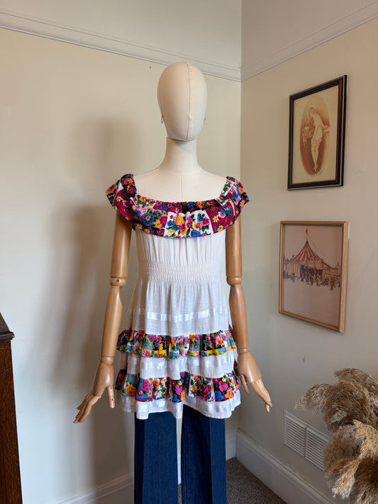 Vintage 1970s Floral Ruffle Tiered Smock Top - Size Medium