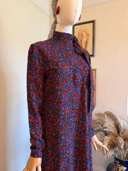 Vintage 1970s Wool Blend Ditsy Print Midi Dress - Size Small/Medium