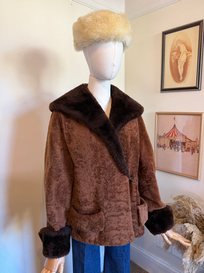 Vintage 1970s Chocolate Brown Sheepskin Collar and Cuff Jacket - Size Medium