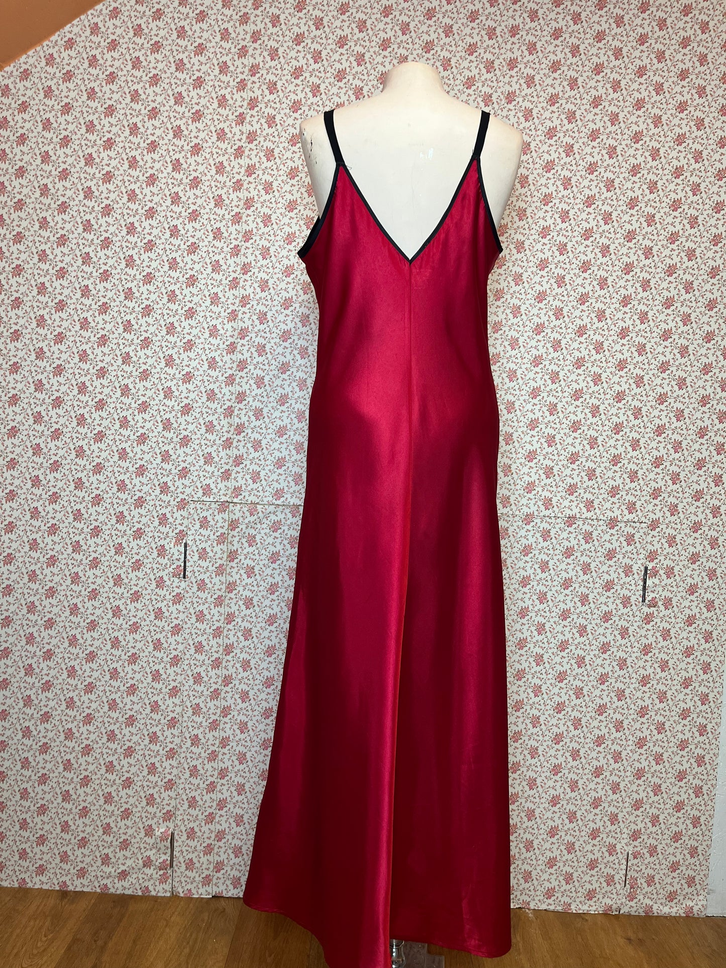 Vintage Oscar de la Renta Red Satin Full Length Slip Dress with Lace