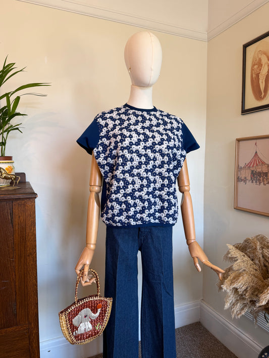 Vintage 1960s Floral Embroidered Semi Sheer Tee