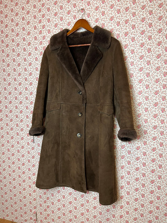 Vintage Original 1970s Sheepskin Long Brown Coat