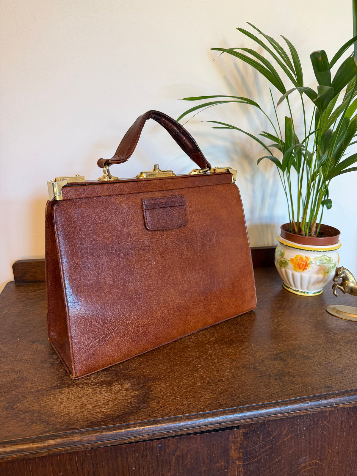 Vintage 1960s Brown Leather Structured Doctor Bag